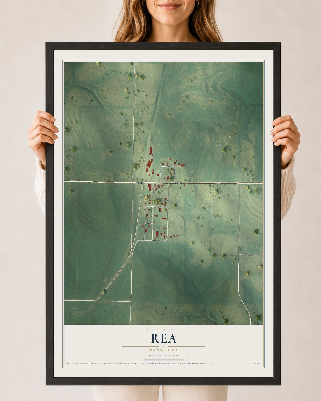 Map of Rea, Missouri, 24 x 36 inch print in a black wood frame