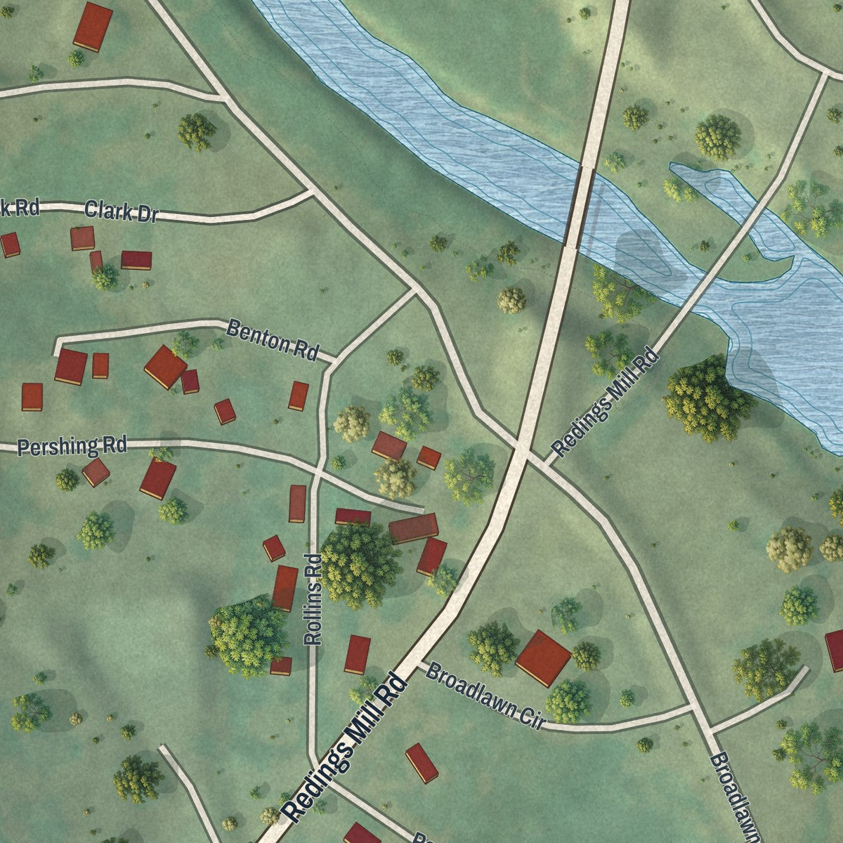 Close-up of the map of Redings Mill, Missouri print showing street and building detail