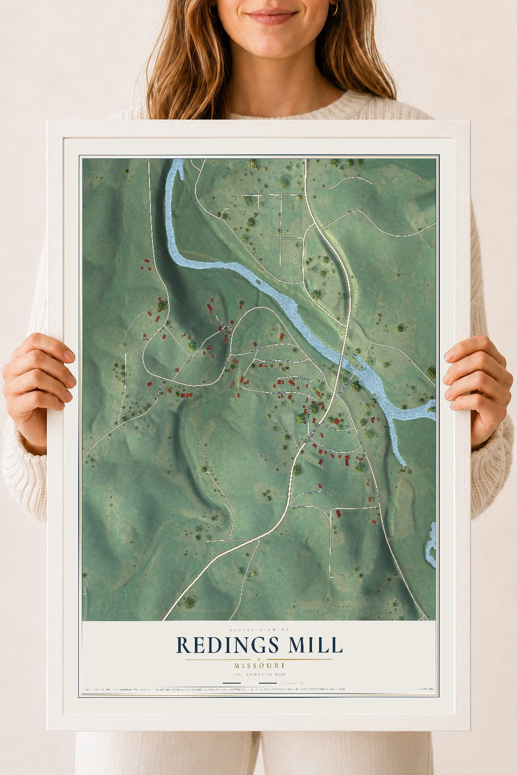 Map of Redings Mill, Missouri, 18 x 24 inch print in a white wood frame