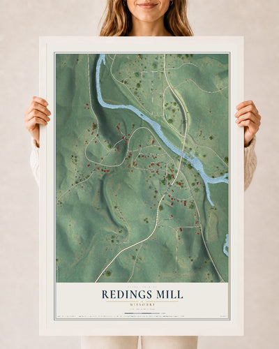 Map of Redings Mill, Missouri, 24 x 36 inch print in a white wood frame