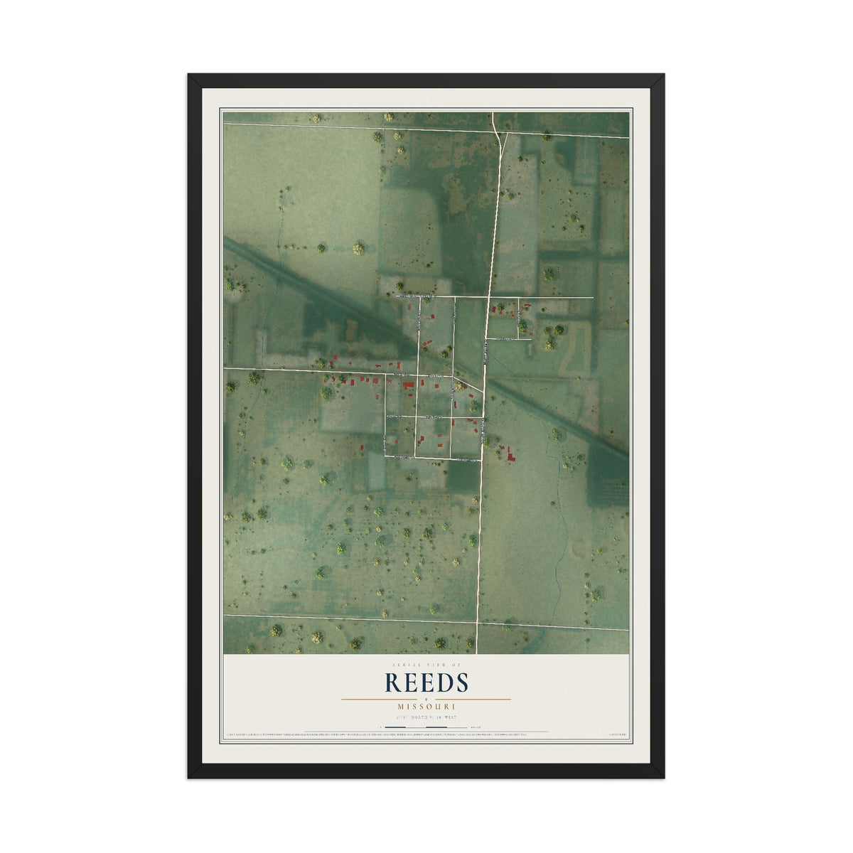 Map of Reeds, Missouri, 12 x 18 inch print in a black wood frame