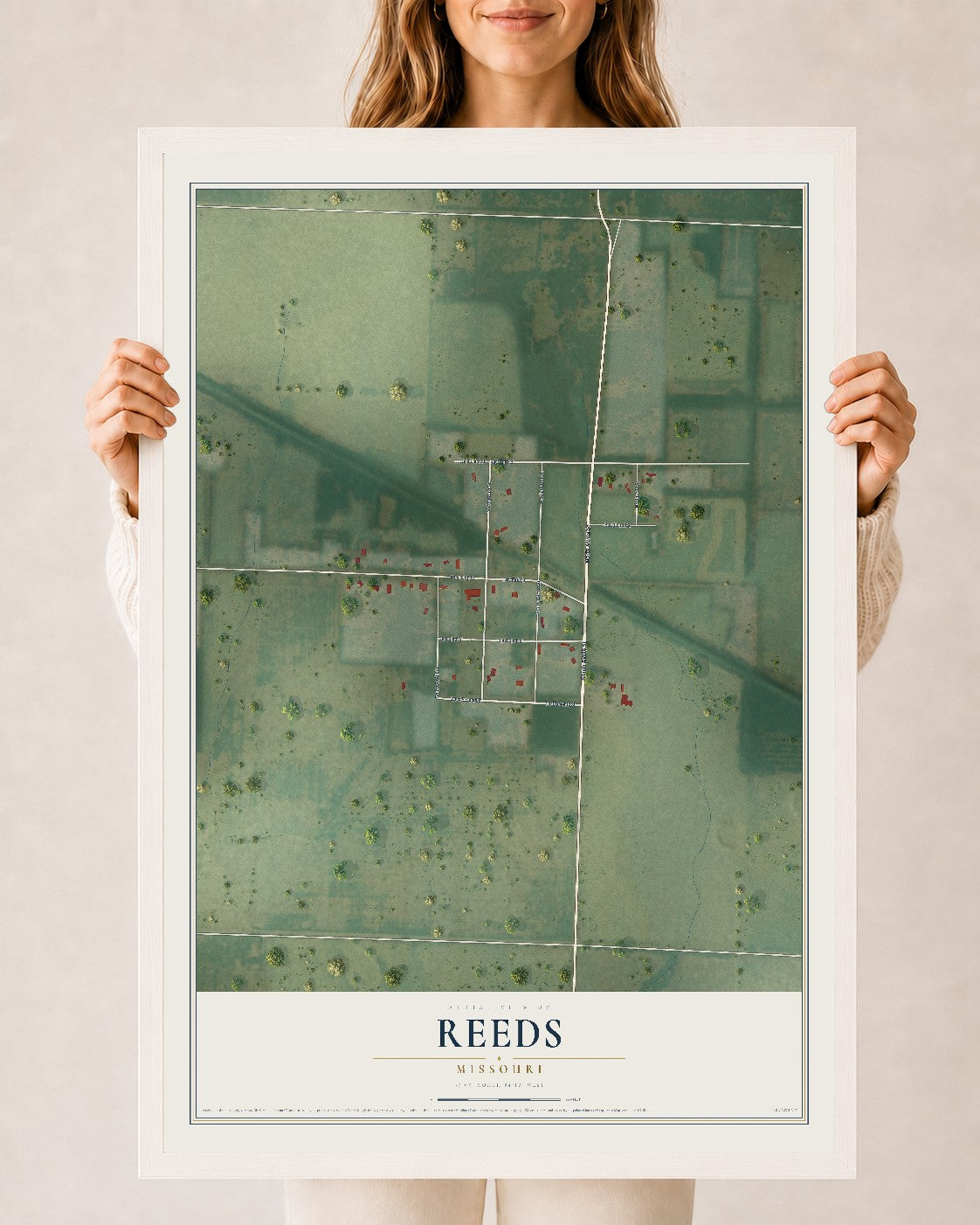 Map of Reeds, Missouri, 24 x 36 inch print in a white wood frame
