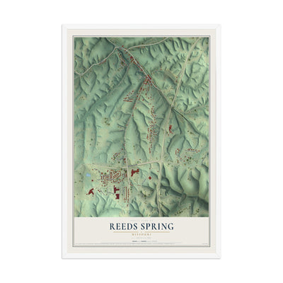 Map of Reeds Spring, Missouri, 12 x 18 inch print in a white wood frame