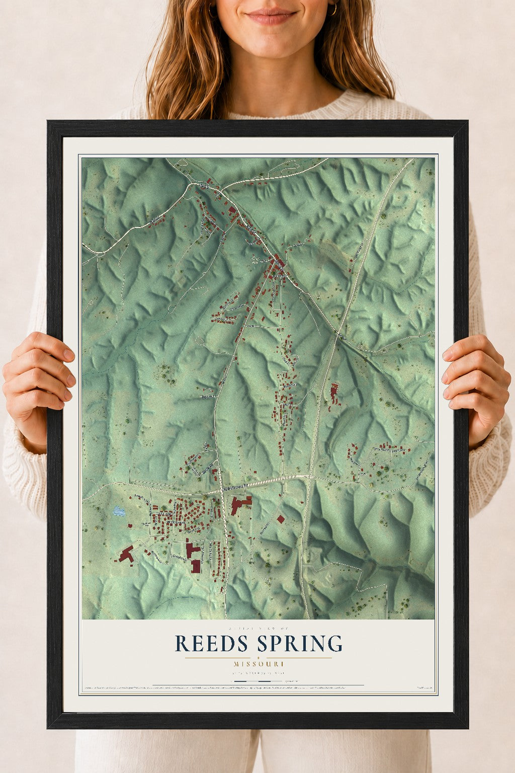 Map of Reeds Spring, Missouri, 18 x 24 inch print in a black wood frame