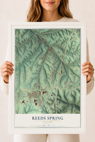 Map of Reeds Spring, Missouri, 18 x 24 inch print in a white wood frame