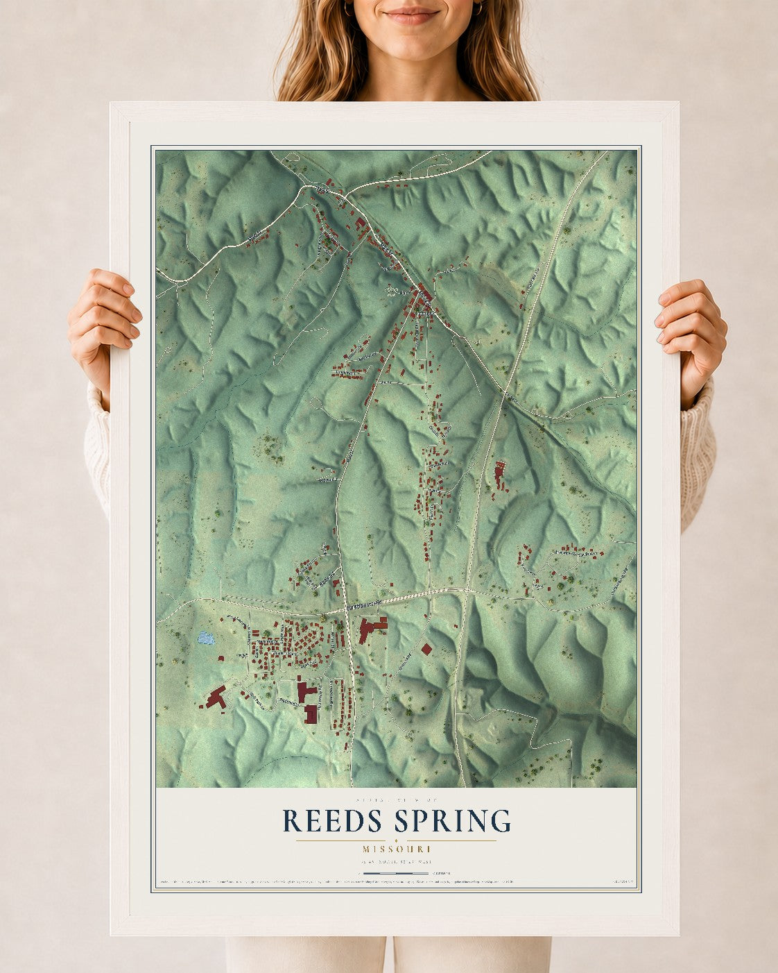 Map of Reeds Spring, Missouri, 24 x 36 inch print in a white wood frame