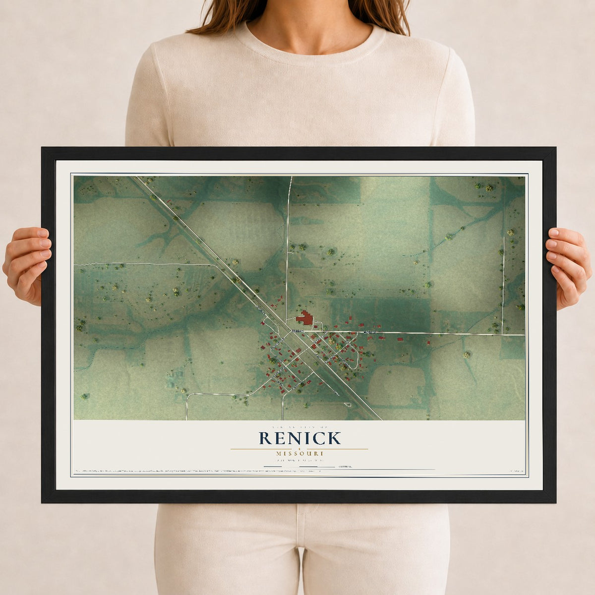 Map of Renick, Missouri, 12 x 18 inch print in a black wood frame
