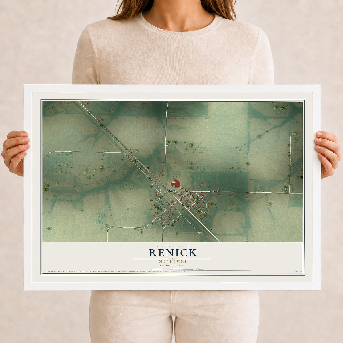 Map of Renick, Missouri, 12 x 18 inch print in a white wood frame