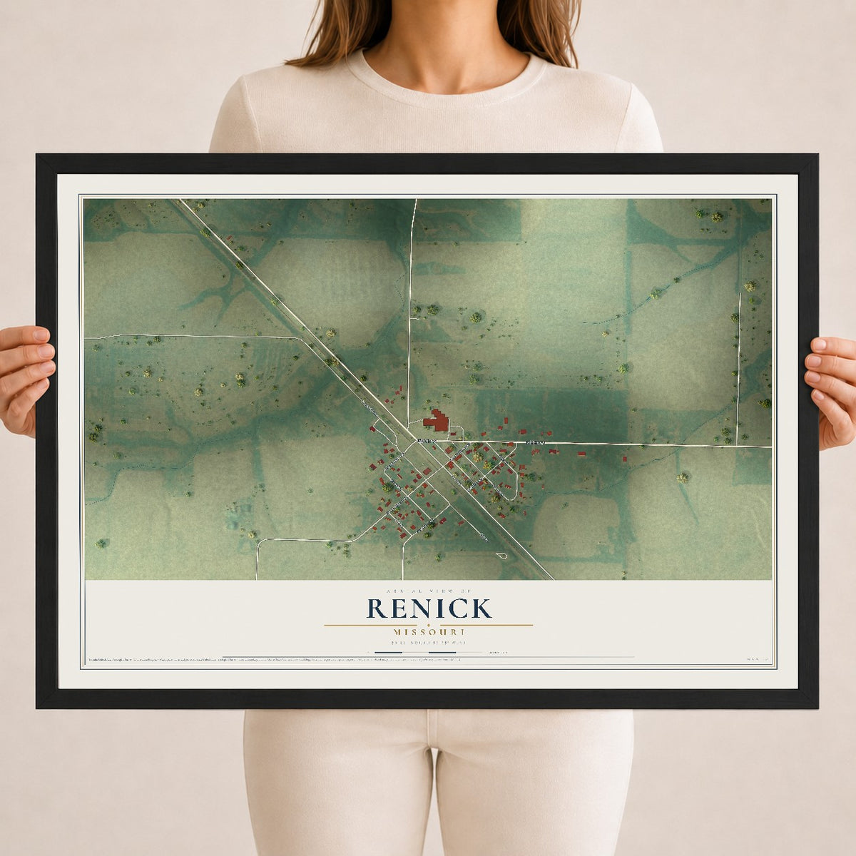 Map of Renick, Missouri, 18 x 24 inch print in a black wood frame