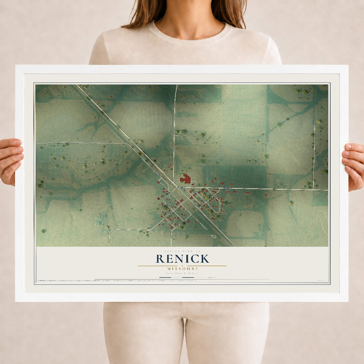 Map of Renick, Missouri, 18 x 24 inch print in a white wood frame