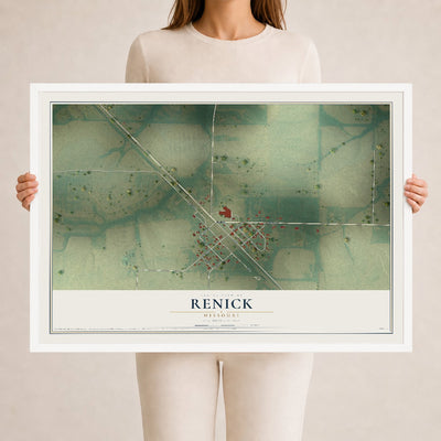 Map of Renick, Missouri, 24 x 36 inch print in a white wood frame