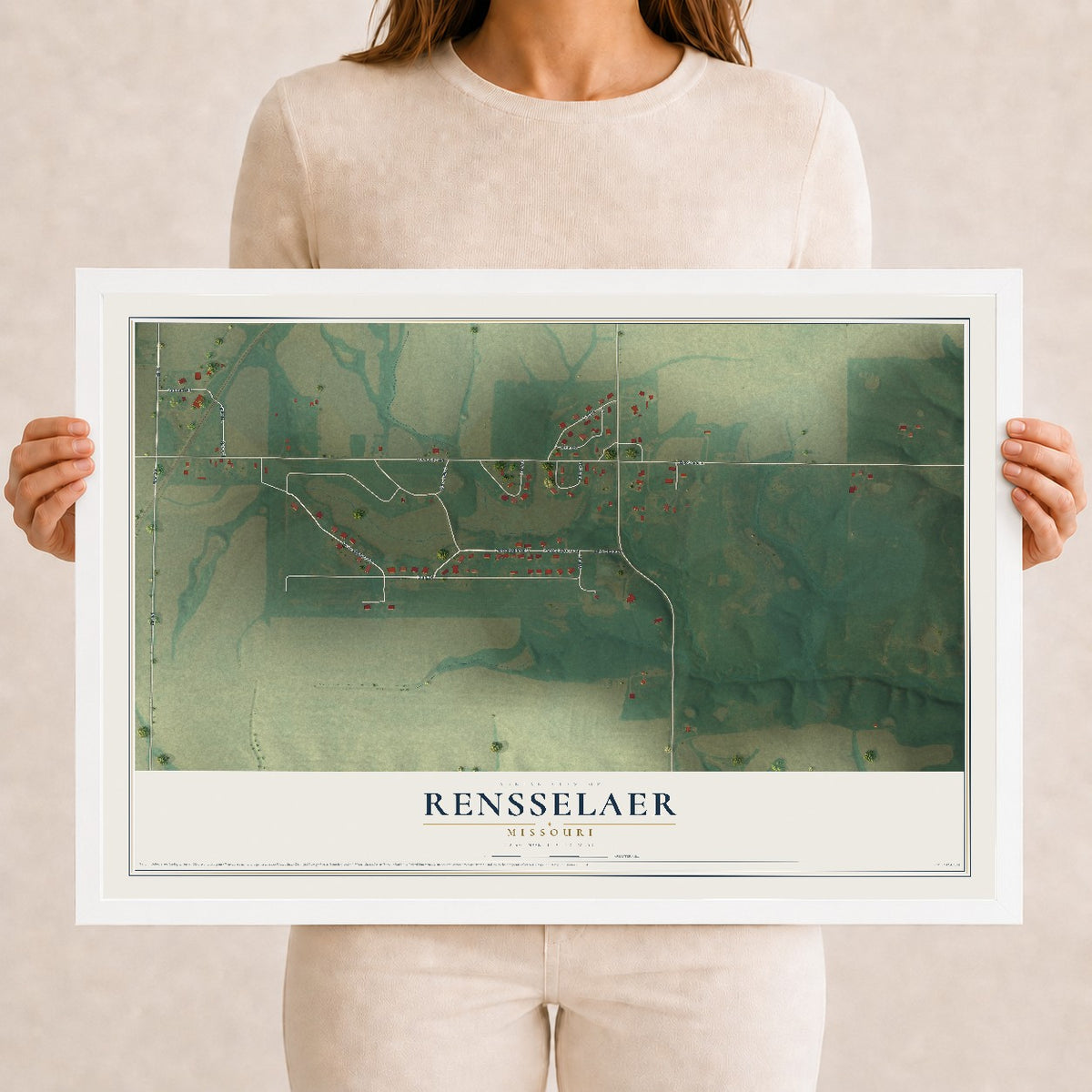 Map of Rensselaer, Missouri, 12 x 18 inch print in a white wood frame