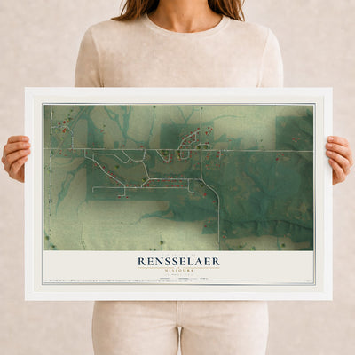 Map of Rensselaer, Missouri, 12 x 18 inch print in a white wood frame