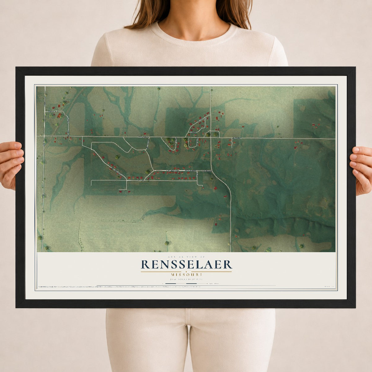 Map of Rensselaer, Missouri, 18 x 24 inch print in a black wood frame