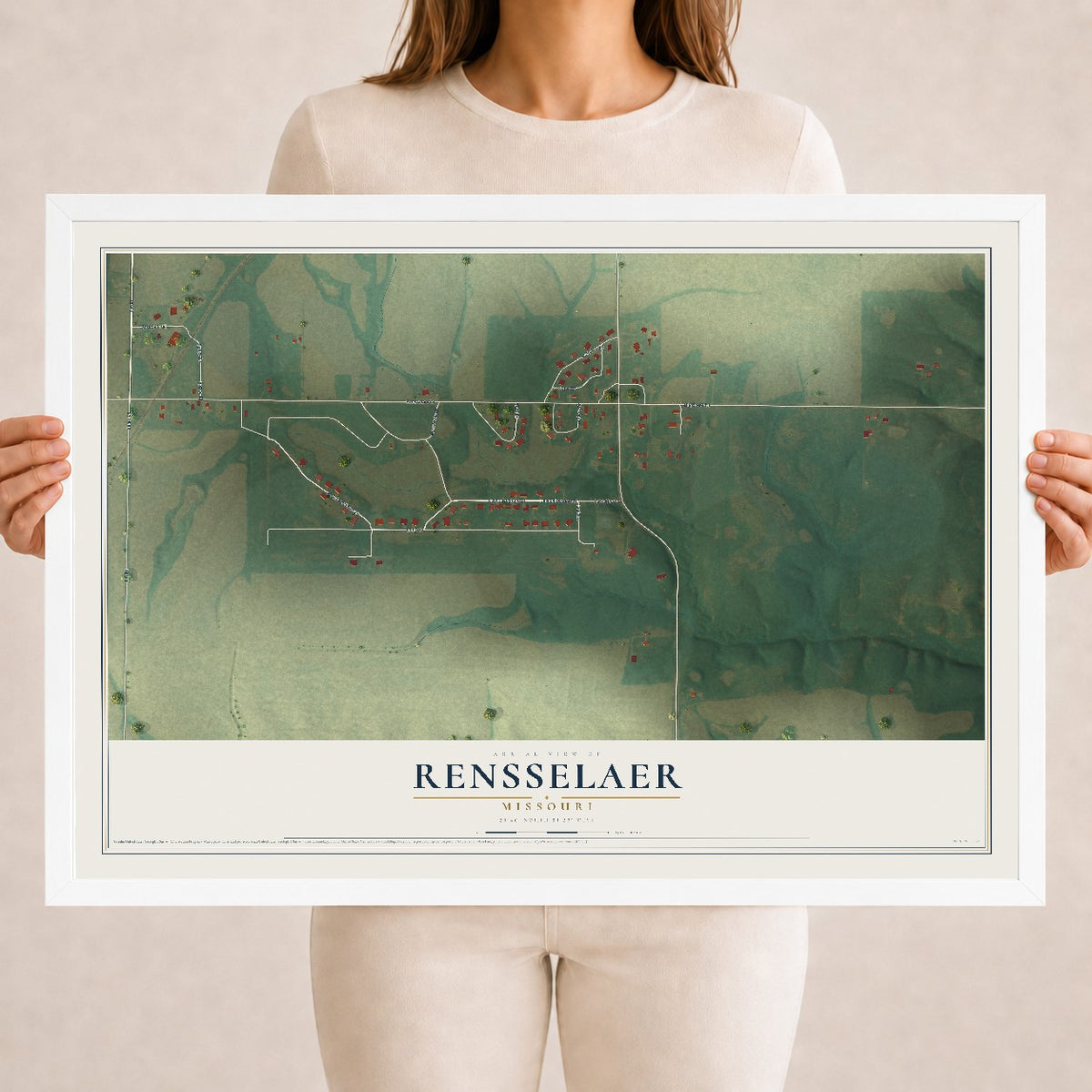 Map of Rensselaer, Missouri, 18 x 24 inch print in a white wood frame