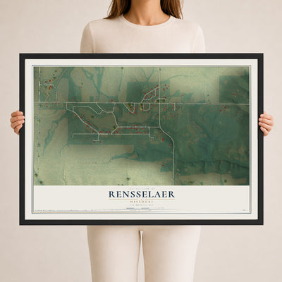 Map of Rensselaer, Missouri, 24 x 36 inch print in a black wood frame