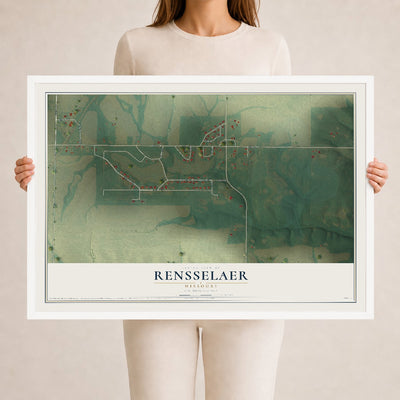 Map of Rensselaer, Missouri, 24 x 36 inch print in a white wood frame