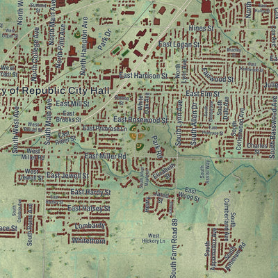 Close-up of the map of Republic, Missouri print showing street and building detail