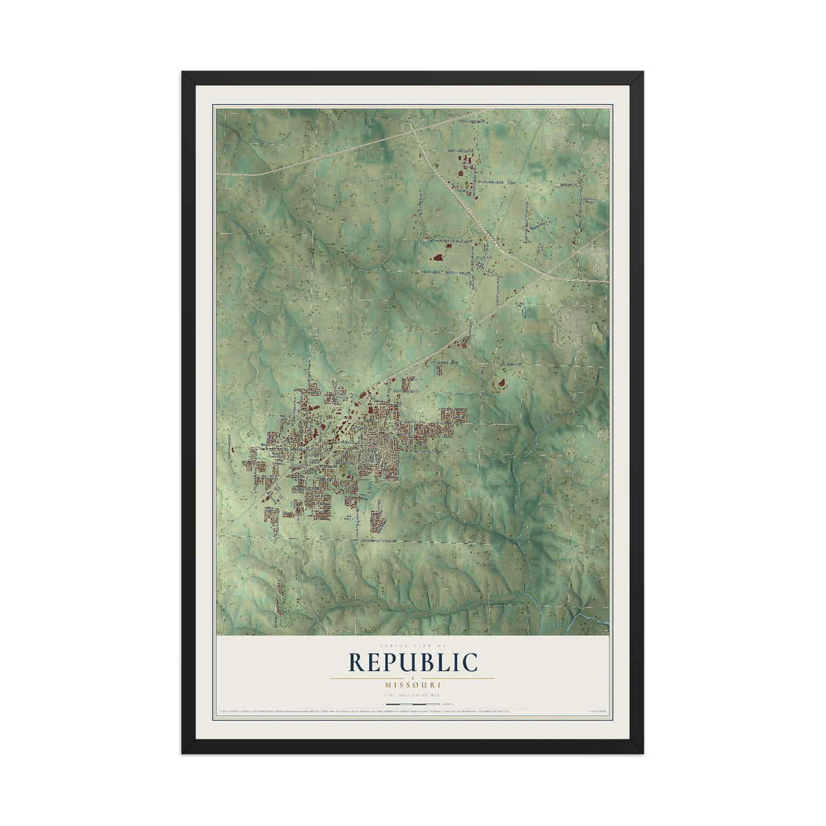 Map of Republic, Missouri, 12 x 18 inch print in a black wood frame