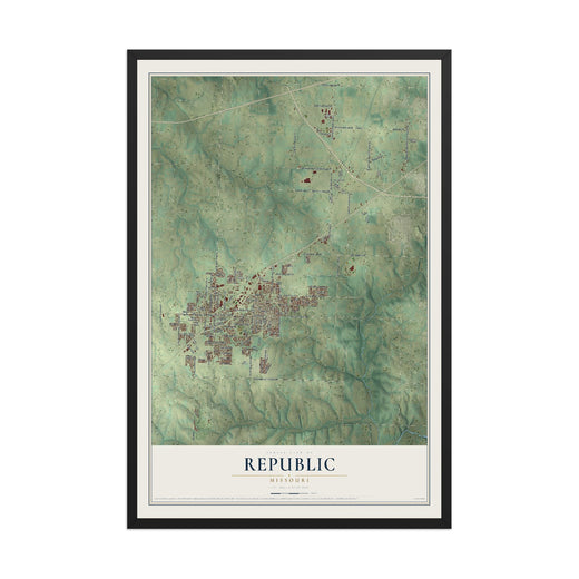 Map of Republic, Missouri, 12 x 18 inch print in a black wood frame