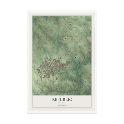 Map of Republic, Missouri, 12 x 18 inch print in a white wood frame