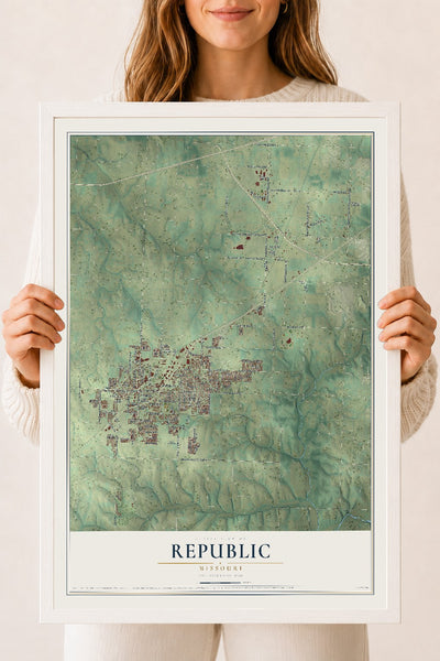 Map of Republic, Missouri, 18 x 24 inch print in a white wood frame