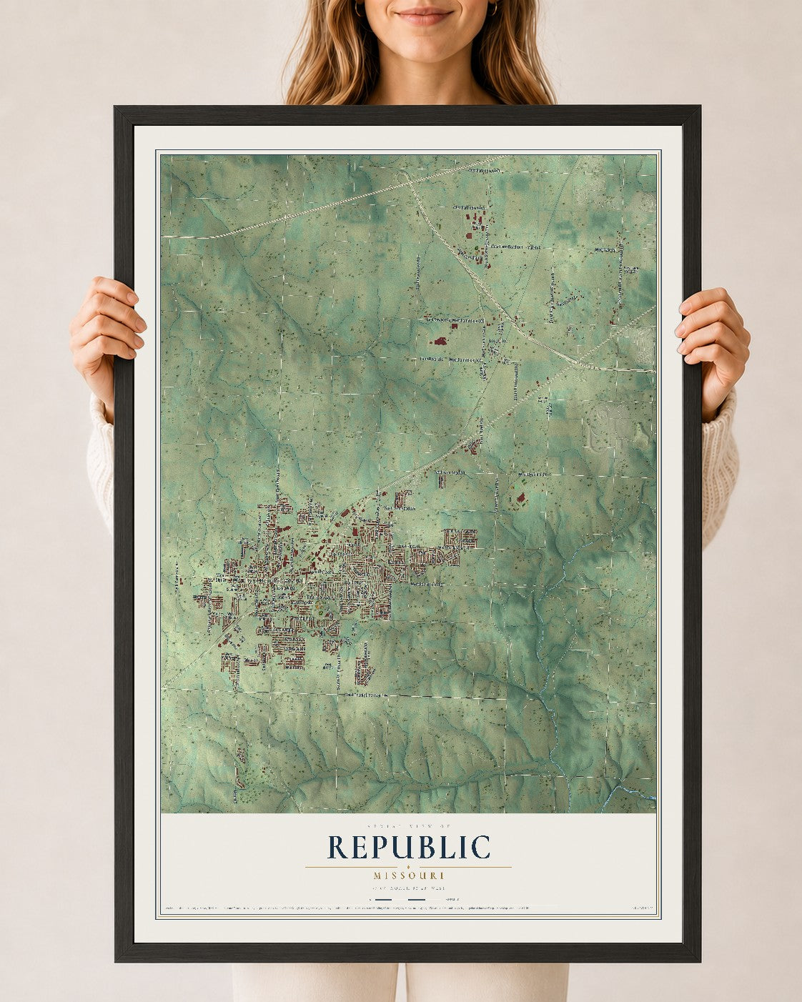 Map of Republic, Missouri, 24 x 36 inch print in a black wood frame
