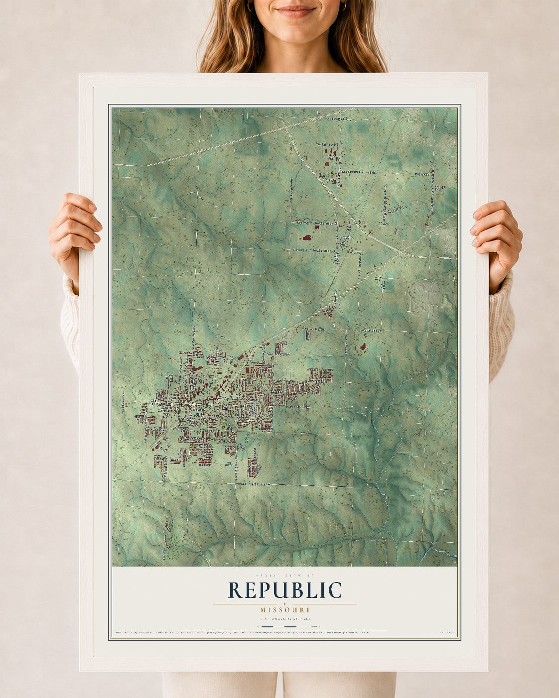 Map of Republic, Missouri, 24 x 36 inch print in a white wood frame