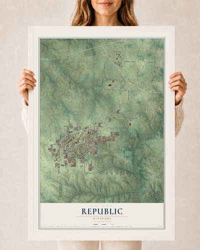 Map of Republic, Missouri, 24 x 36 inch print in a white wood frame