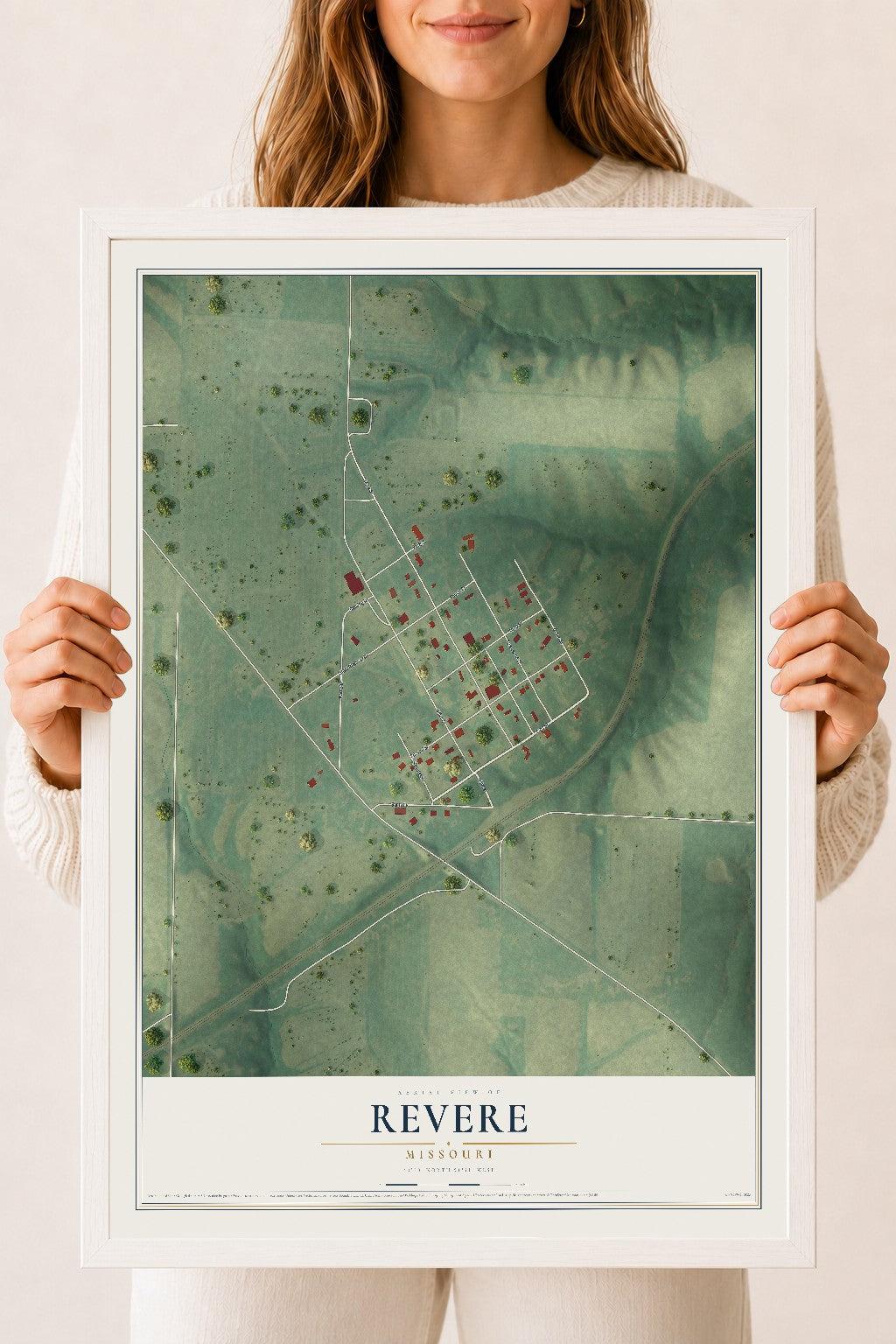 Map of Revere, Missouri, 18 x 24 inch print in a white wood frame