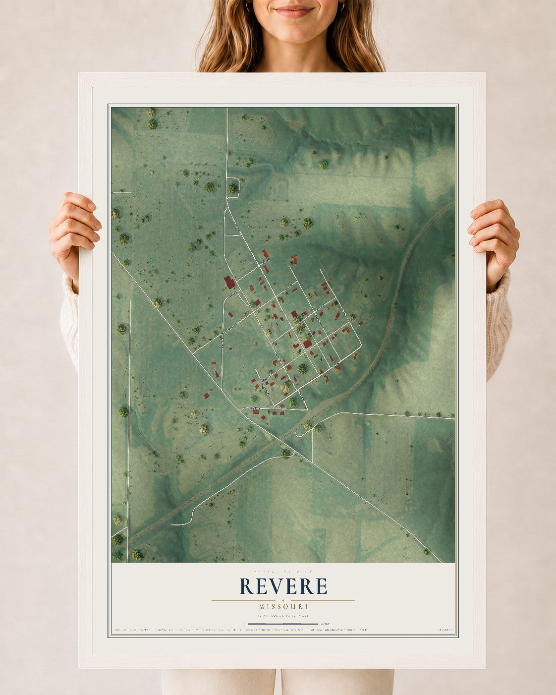Map of Revere, Missouri, 24 x 36 inch print in a white wood frame