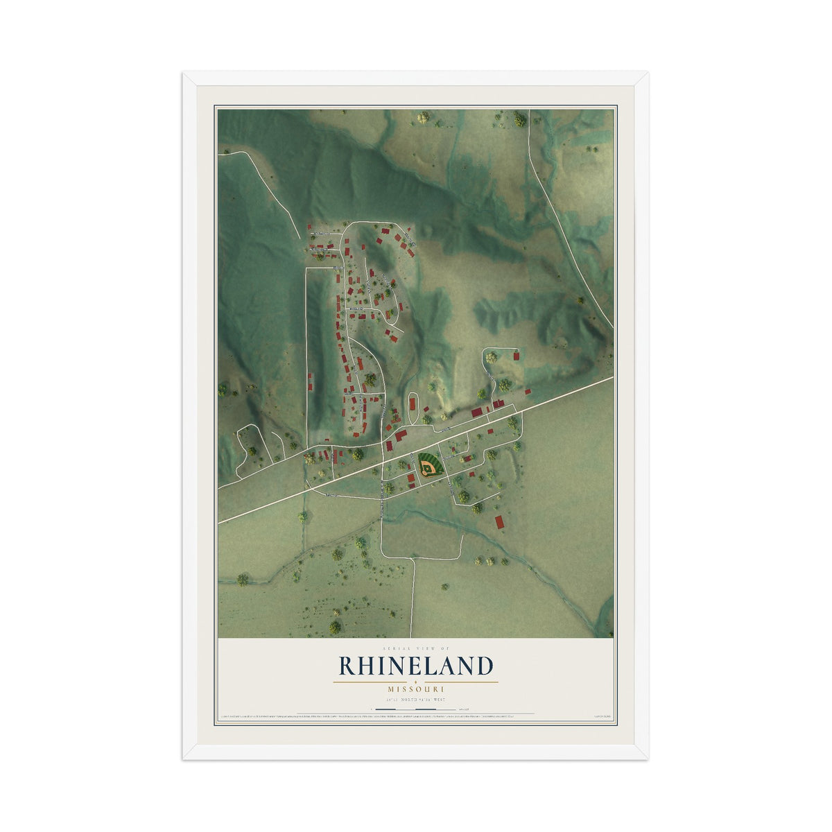 Map of Rhineland, Missouri, 12 x 18 inch print in a white wood frame