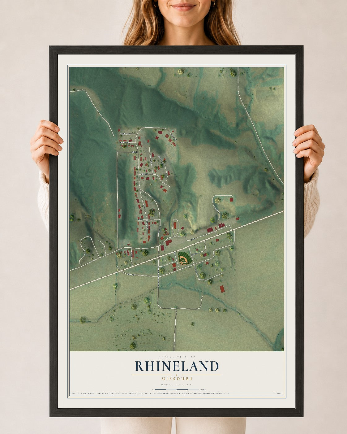 Map of Rhineland, Missouri, 24 x 36 inch print in a black wood frame