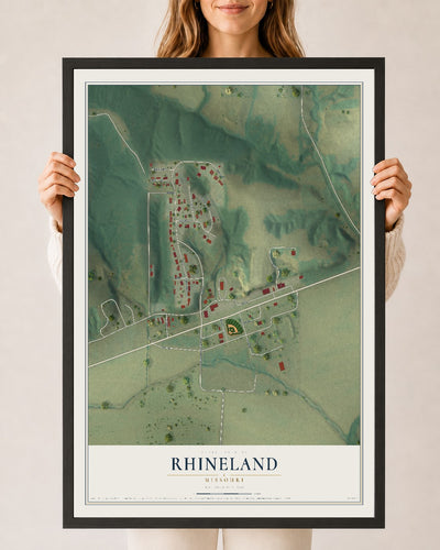 Map of Rhineland, Missouri, 24 x 36 inch print in a black wood frame
