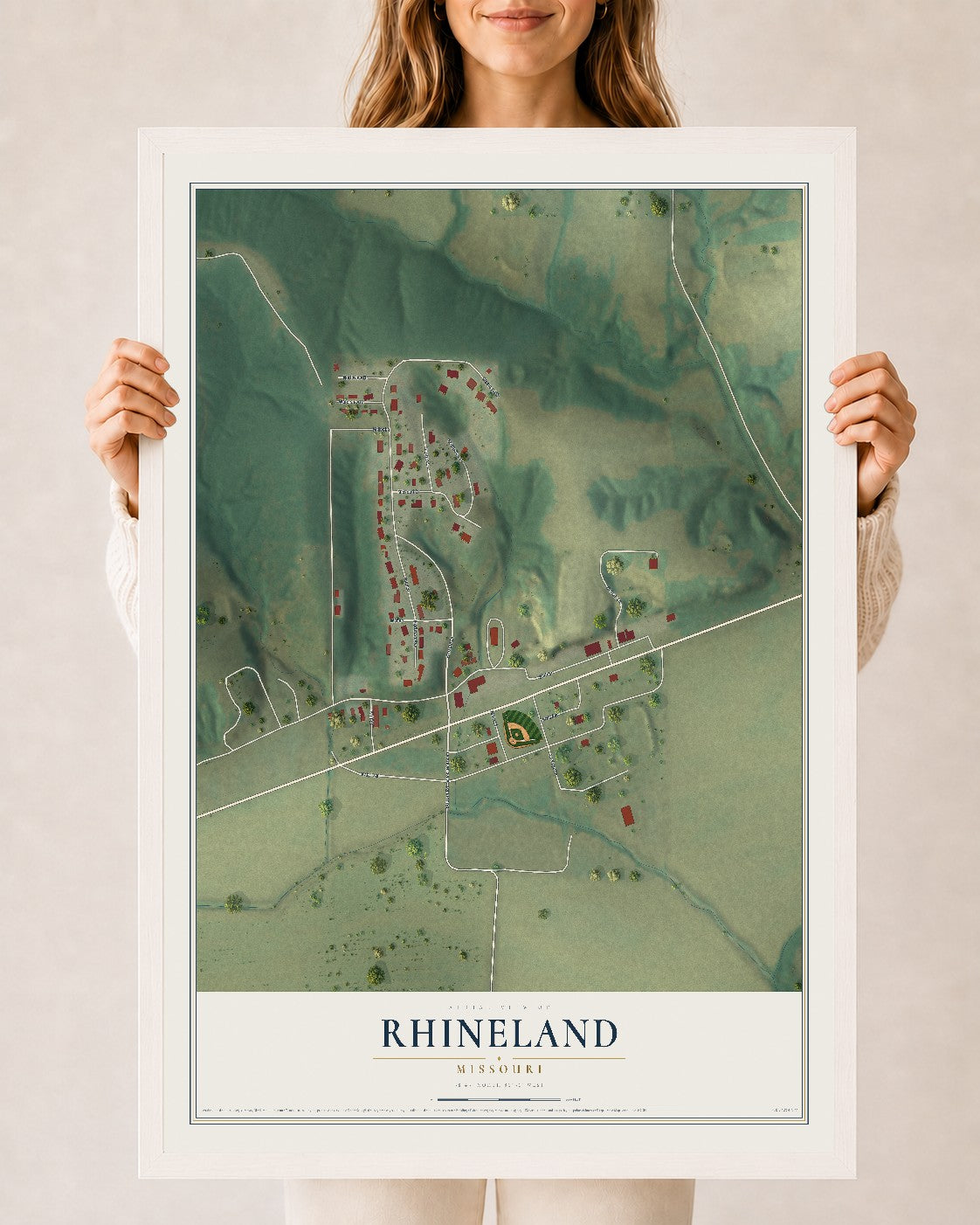 Map of Rhineland, Missouri, 24 x 36 inch print in a white wood frame