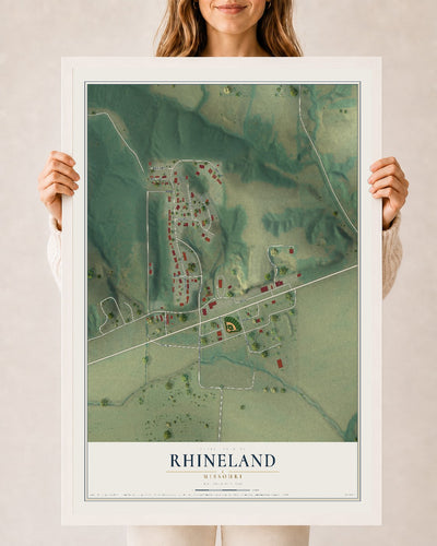 Map of Rhineland, Missouri, 24 x 36 inch print in a white wood frame