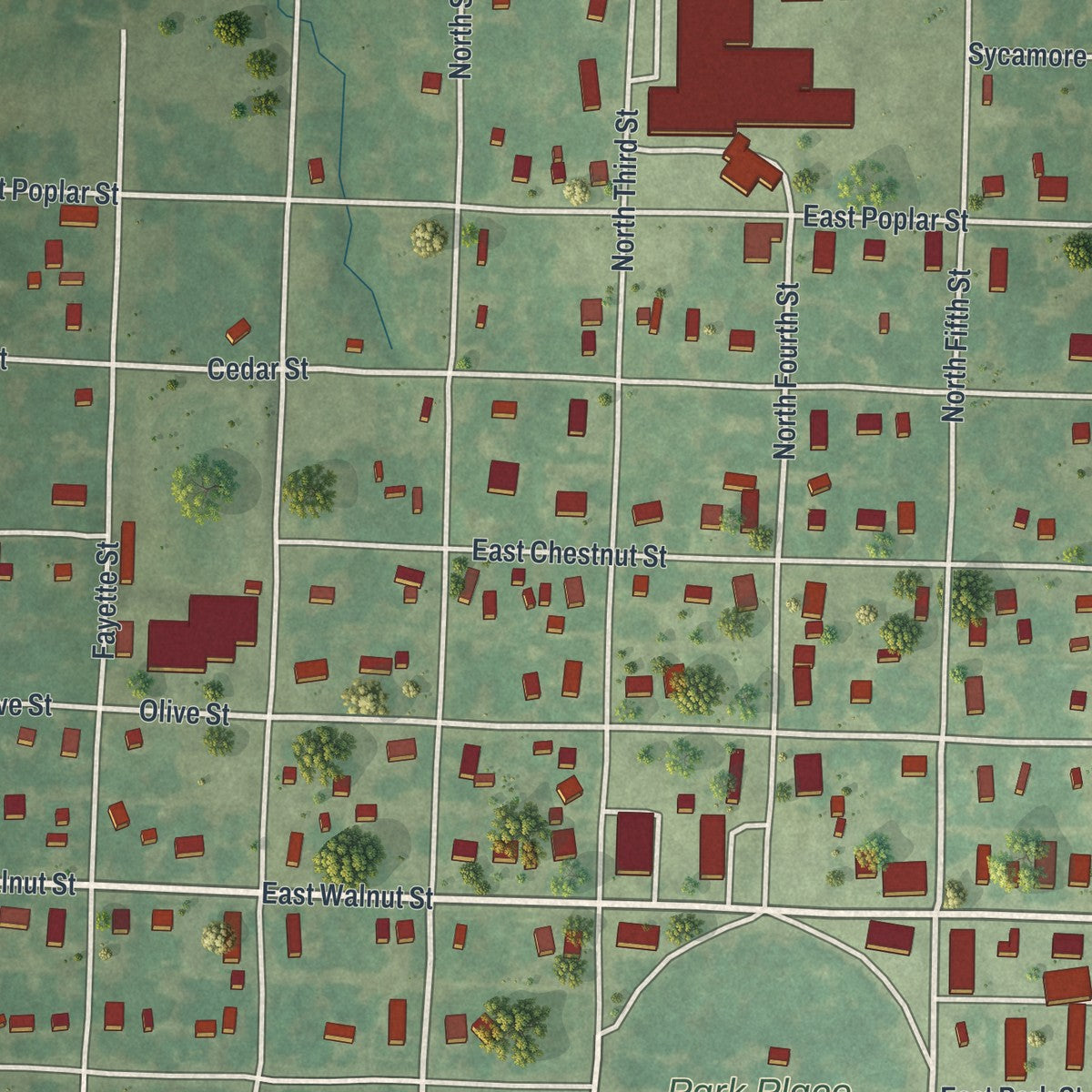 Close-up of the map of Rich Hill, Missouri print showing street and building detail