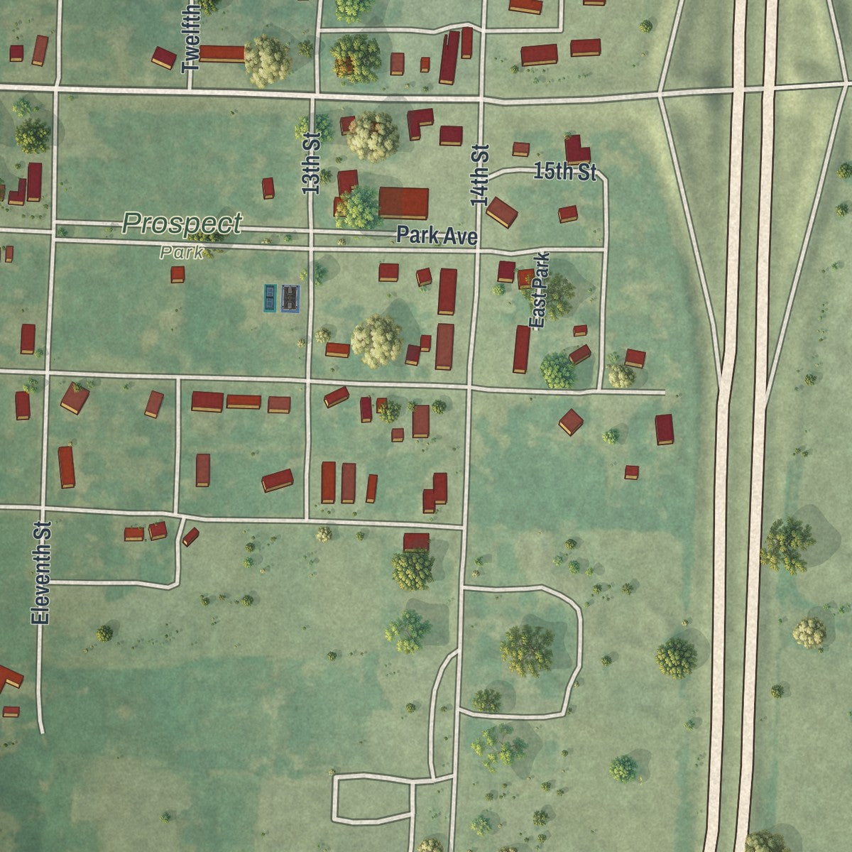 Second close-up of the map of Rich Hill, Missouri print showing more streets and buildings