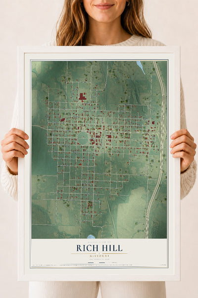 Map of Rich Hill, Missouri, 18 x 24 inch print in a white wood frame