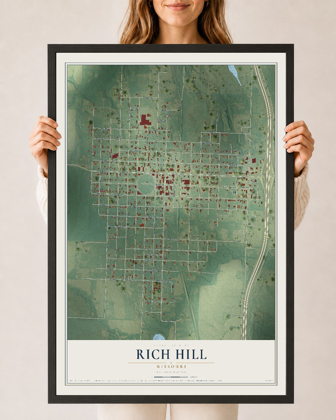 Map of Rich Hill, Missouri, 24 x 36 inch print in a black wood frame