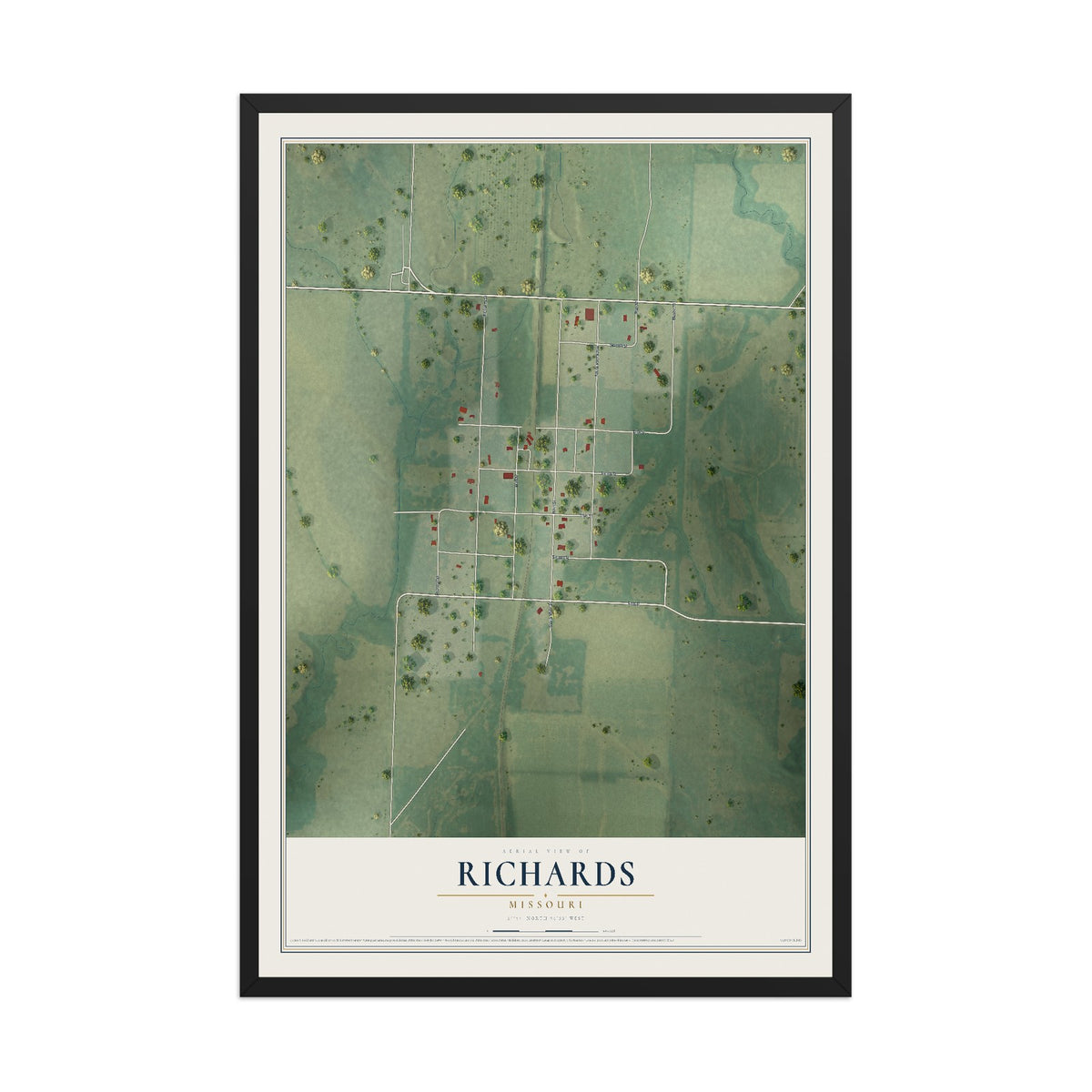 Map of Richards, Missouri, 12 x 18 inch print in a black wood frame