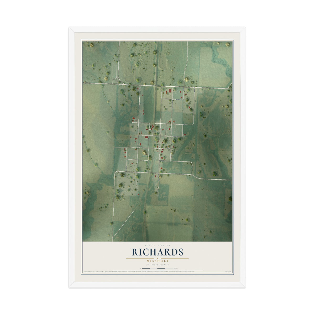 Map of Richards, Missouri, 12 x 18 inch print in a white wood frame