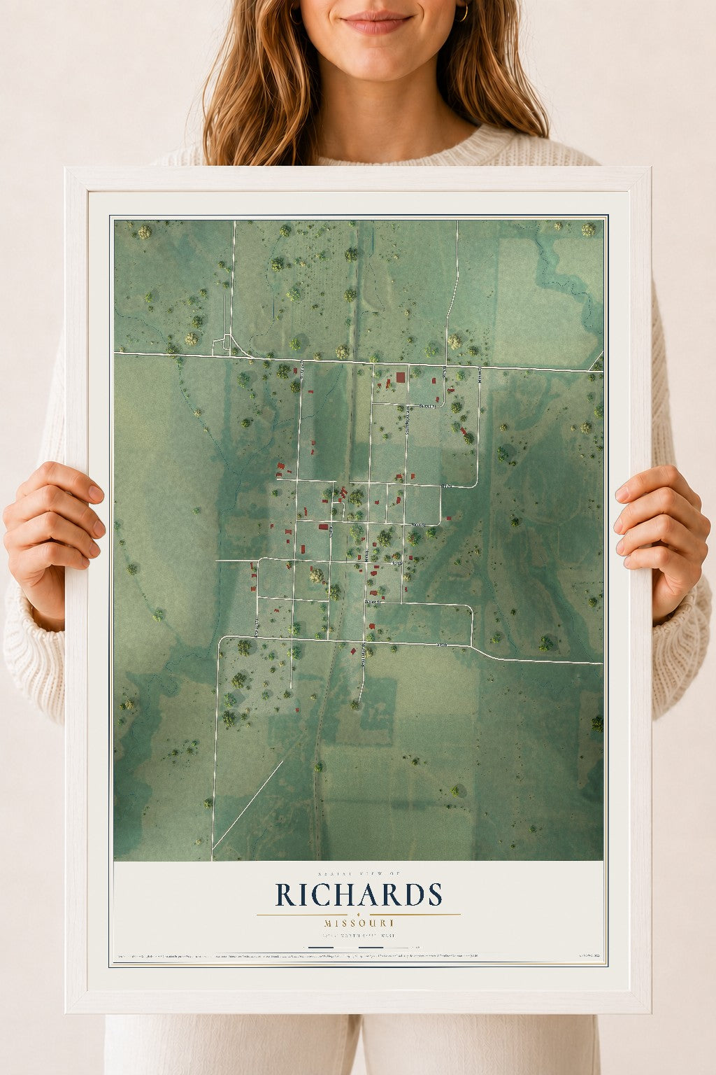 Map of Richards, Missouri, 18 x 24 inch print in a white wood frame