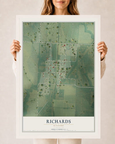 Map of Richards, Missouri, 24 x 36 inch print in a white wood frame