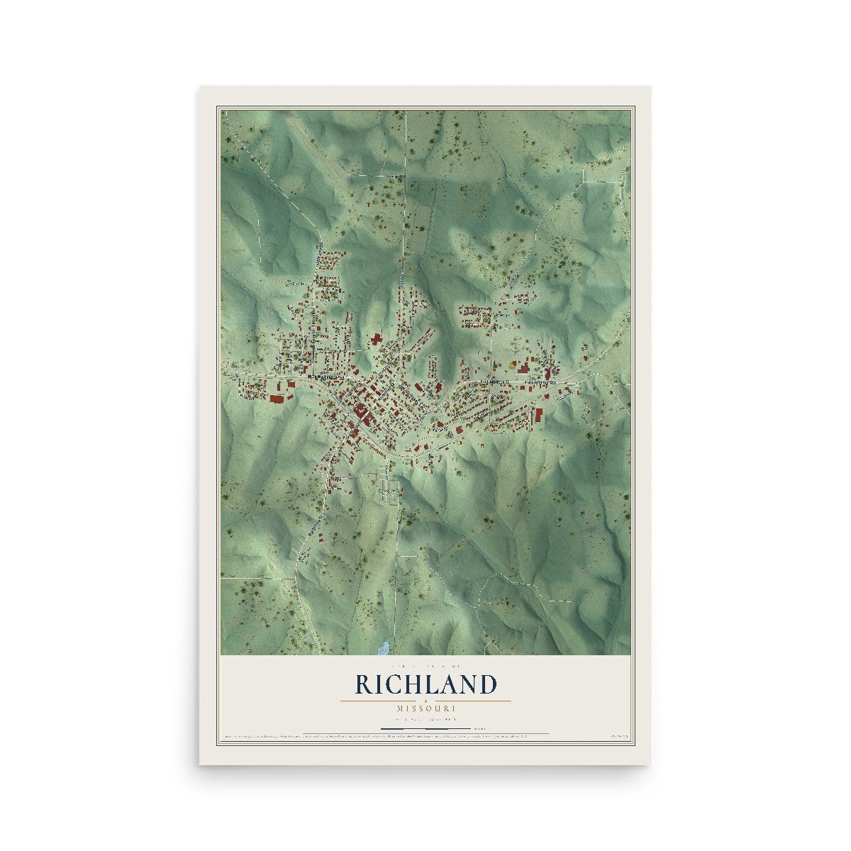 Map of Richland, Missouri, 12 x 18 inch unframed archival matte print