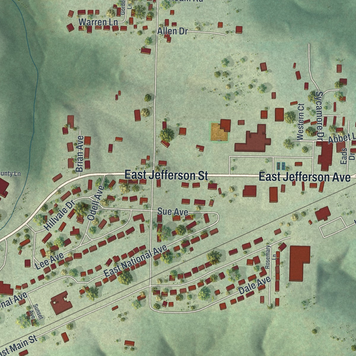 Second close-up of the map of Richland, Missouri print showing more streets and buildings