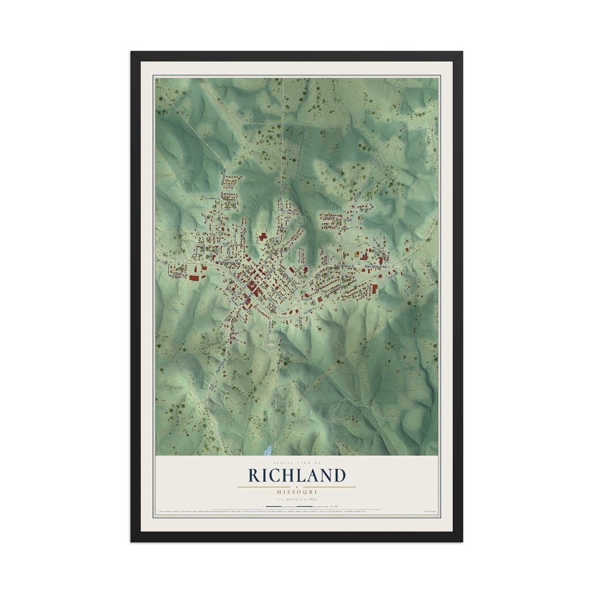 Map of Richland, Missouri, 12 x 18 inch print in a black wood frame