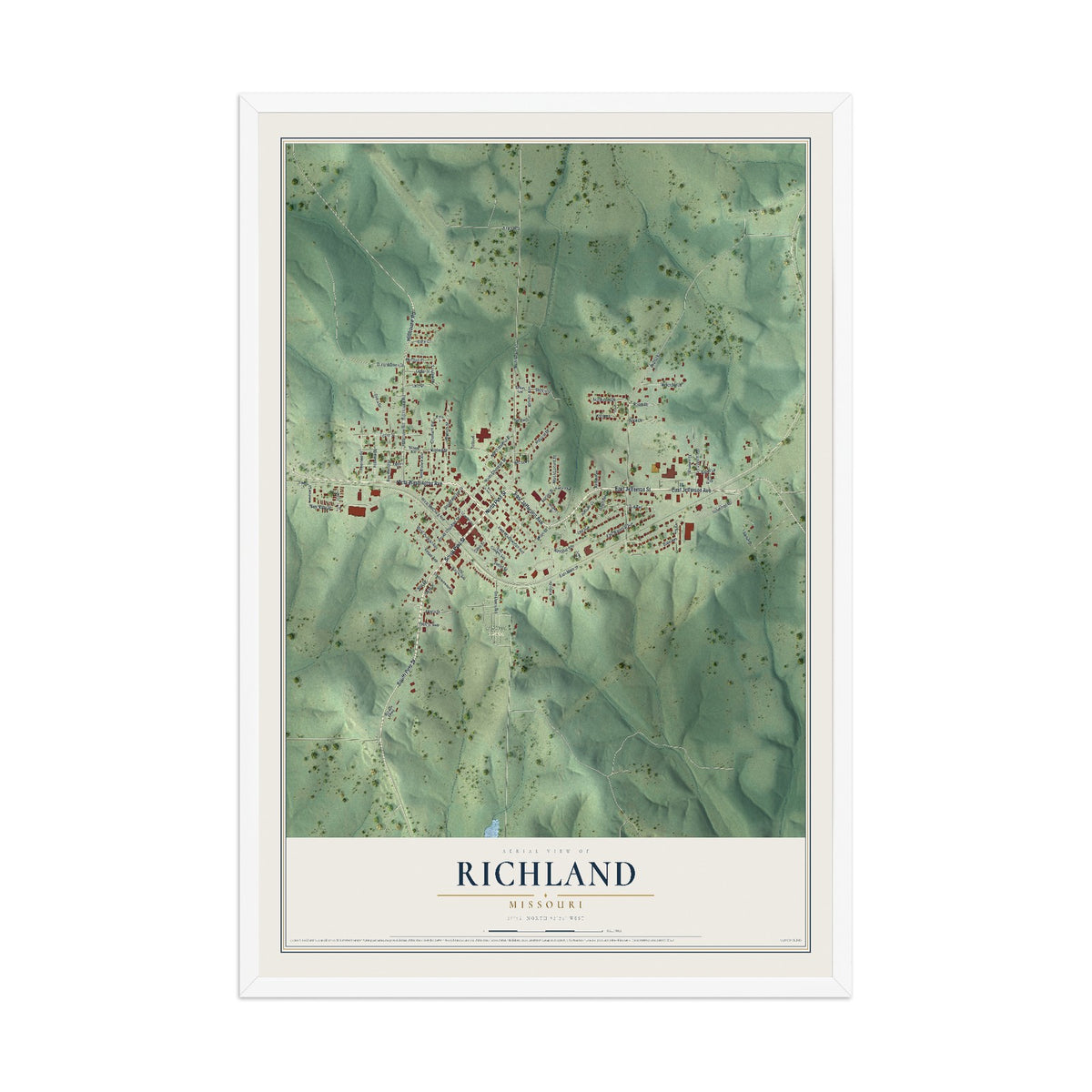 Map of Richland, Missouri, 12 x 18 inch print in a white wood frame