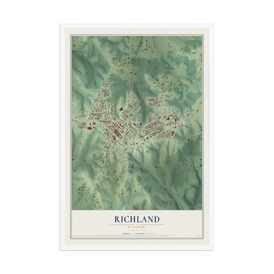 Map of Richland, Missouri, 12 x 18 inch print in a white wood frame