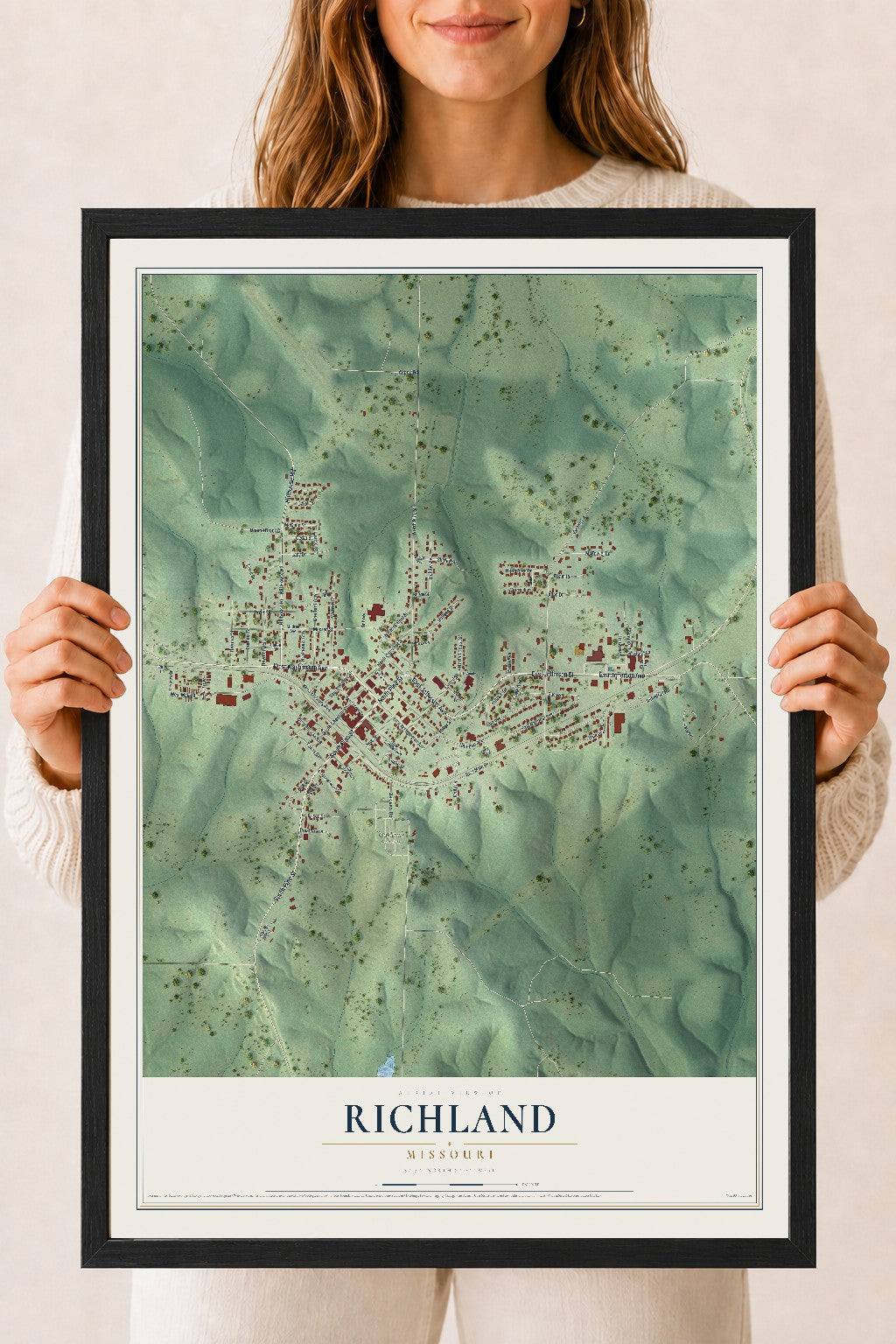 Map of Richland, Missouri, 18 x 24 inch print in a black wood frame